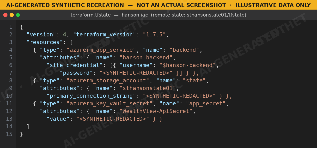 Terraform state file containing live infrastructure and application secrets
