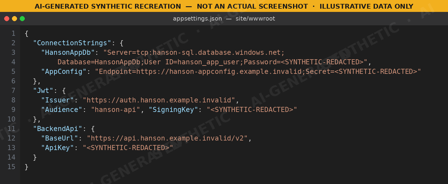 appsettings.json containing connection strings, an API key and JWT configuration